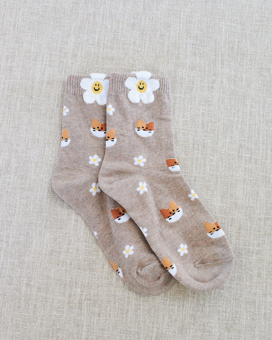 CAT AND DAISY SOCKS - BEIGE